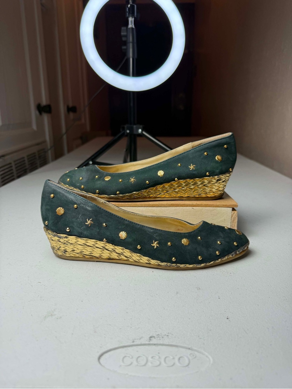Green suede wedge shoes Bally vintage navy suede studded flats Sz 37.5 / 7.5